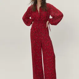 NASTY GAL Maroon Floral Print Chiffon Wide Leg Jumpsuit-57