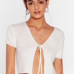 NASTY GAL Women Off White Tie Up Loose Ends Cropped Ribbed Front Open Sweater-14