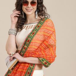 Mitera White & Orange Bandhani Saree-image-26