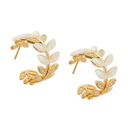 Yellow Chimes Gold-Toned Leaflet Designed Crystal Stone Studded Half Hoop Earrings-87
