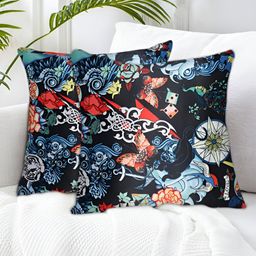 Tesmare Navy Blue & Red 2 Pieces Floral Satin Square Cushion Covers-image-22