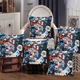 Tesmare Navy Blue & Red 5 Pieces Floral Satin Square Cushion Covers-image-94
