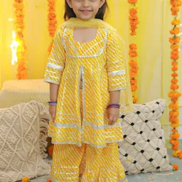 BownBee Girls Leheriya Printed Gotta Patti Pure Cotton A-Line Kurta with Sharara & Dupatta-picture-17