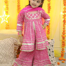 BownBee Girls Leheriya Printed Empire Gotta Patti Pure Cotton Kurta with Sharara & Dupatta-picture-34
