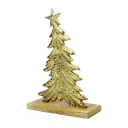 Hind Decor Yellow Handcrafted Christmas Tree On Wooden Base Showpiece-image-74