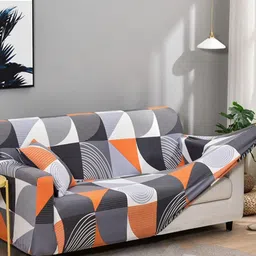 HOUSE OF QUIRK Single Seater Grey & Orange ColouredPrinted Sofa Cover With Arms-93