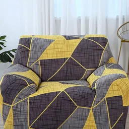 HOUSE OF QUIRK Grey & Mustard Printed Polyester 1 Seater Sofa Cover With Arms-95