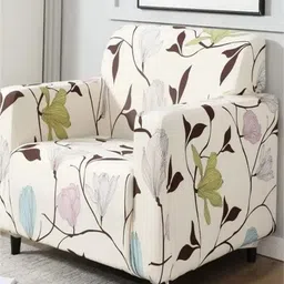 HOUSE OF QUIRK Single Seater Cream-Coloured & Blue Printed Sofa Cover With Arms-image-82
