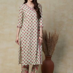 FASHOR Floral Printed Angrakha Mirror Work Pure Cotton Kurta with Trousers-image-31