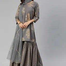 KALINI Ethnic Motifs Foil Printed Gotta Patti Pure Cotton Kurti with Sharara & Dupatta-19