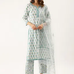 KALINI Ethnic Motifs Printed Pure Cotton Straight Kurta & Trousers With Dupatta-picture-6