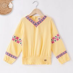 Ed-a-Mamma Girl Yellow Embroidered Blouson Pure Cotton Top-image-54