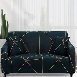 HOUSE OF QUIRK Three-Seater Green & Gold-Toned Polyester 1 Piece Sofa Cover with Arms-image-37