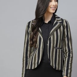 Cottinfab Black & Beige Striped Single Breasted Regular Fit Blazer-picture-51