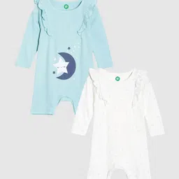 YK Organic Infants Girls Pack Of 2 Blue & White Graphic Prints & Lace Pure Cotton Rompers-51
