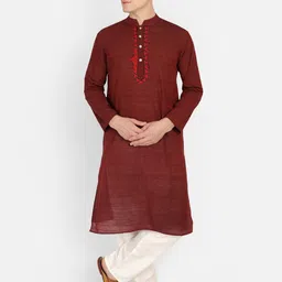 PAROKSH Men Maroon Thread Work Grandeur & Majestic Artwork Khadi Handloom Kurta-picture-46
