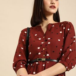 all about you Women Maroon & White Printed V-Neck A-Line Tiered Casual Dress-image-74