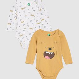 YK Organic Infant Boys Pack of 2 White & Mustard Printed Organic Cotton Bodysuits-19