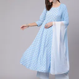 KIMAYRA Women Blue Ethnic Motifs Printed Pure Cotton Kurta with Palazzos & With Dupatta-picture-17