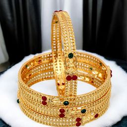 LUCKY JEWELLERY Set of 4 18k Gold-Plated Artificial Stone-Studded Bangles-18