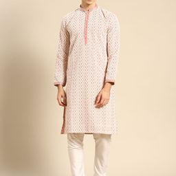 RAJUBHAI HARGOVINDAS Men Peach-Coloured & White Ethnic Motifs Embroidered Chikankari Floral Kurta-18