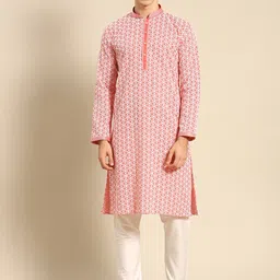 RAJUBHAI HARGOVINDAS Men Red & White Ethnic Motifs Embroidered Chikankari Kurta-picture-16
