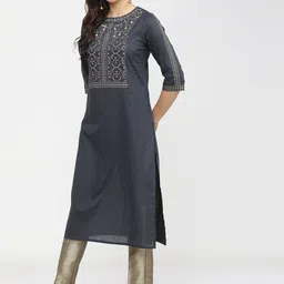 Vishudh Women Navy Blue Ethnic Motifs Yoke Design Flared Sleeves Mirror Work Kurta-picture-51