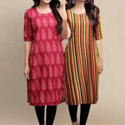 KALINI Women Red & Mustard Yellow Paisley Printed Block Print Crepe Kurta-9