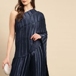 MABISH by Sonal Jain Navy Satin Finish Accordion Pleats Jumpsuit with Saree Style Pallu-image-45