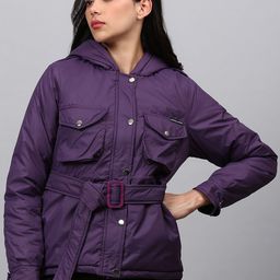 Campus Sutra Women Purple Windcheater Longline Hooded Bomber Jacket With Belt-image-93