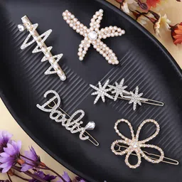 Yellow Chimes Women Gold-Toned & White Set of 5 Embellished Hair Accessory Set-14