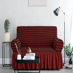 Cortina Maroon Striped Two Seater Stretchable Sofa Cover With Skirt-image-1
