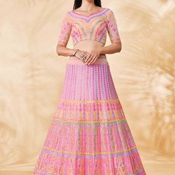 Fusionic Pink & Blue Embroidered Semi-Stitched Lehenga & Unstitched Blouse With Dupatta-2