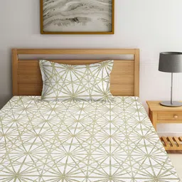 Arrabi Beige & Green Geometric Fitted 300 TC Single Bedsheet With 1 Pillow Cover-image-88