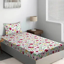 Kuber Industries White & Green Floral Cotton144 TC Single Bedsheet With 1 Pillow Cover-28