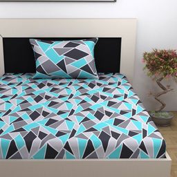 Divine Casa Turquoise Blue & White Geometric 144 TC Single Bedsheet with 1 Pillow Covers-image-100