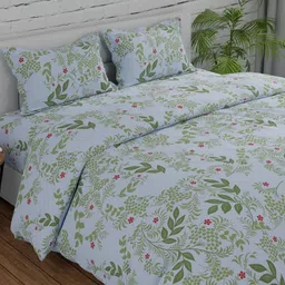 Huesland White & Green Floral Printed 144 TC Cotton Single Bedsheet Set 2.23 m x 1.39 m-image-3