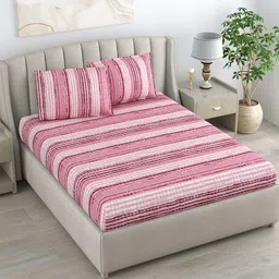 DREAM WEAVERZ Pink Striped Pure Cotton 220 TC Double Bedsheet With 2 Pillow Covers-40