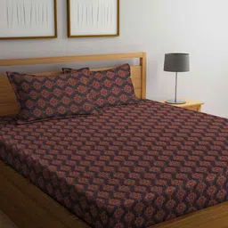Arrabi Brown & Black Ethnic Motifs 300 TC King Cotton Bedsheet with 2 Pillow Covers-image-95