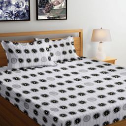 Arrabi Grey & Black Floral 300 TC King Bedsheet with 2 Pillow Covers 130 GSM-11