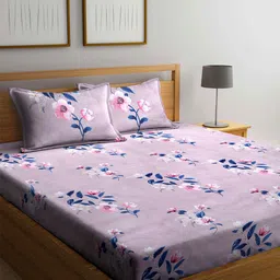 Arrabi Grey & Mauve Floral 300 TC Super King Bedsheet with 2 Pillow Covers-3
