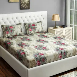SWAYAM Off-White & Pink Floral 144 TC Cotton 1 Queen Bedsheet with 2 Pillow Covers-image-10