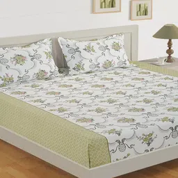 SWAYAM Off-White & Brown Floral 200 TC Cotton 1 King Bedsheet with 2 Pillow Covers-2