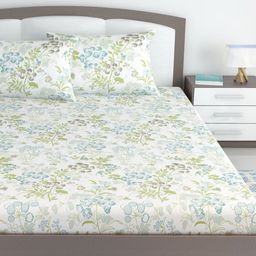 Divine Casa White & Blue Floral 144 TC King Bedsheet with 2 Pillow Covers-image-47