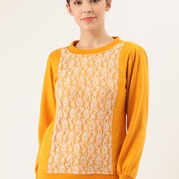 Belle Fille Women Mustard Yellow & White Lace Inserts Sweatshirt-image-1