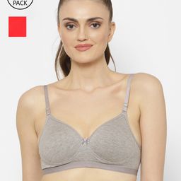 Floret Red & Grey Set Of 2 Solid Lightly-Padded Plunge Bra-88