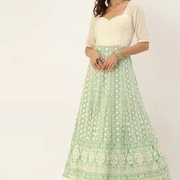 Ethnovog GreenOff White Floral Embroidered Maxi Dress-image-4