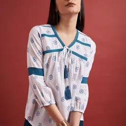 Routes by All About You Ethnic Motifs Printed Pure Cotton Tie-Up Neck Puff Sleeves Top-image-69
