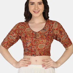 THE WEAVE TRAVELLER Red Block Printed Kalamkari Cotton Readymade Saree Blouse-picture-15