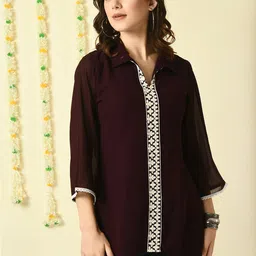 KALINI Ethnic Motifs Embroidered Shirt Collar Georgette Longline Top-picture-47